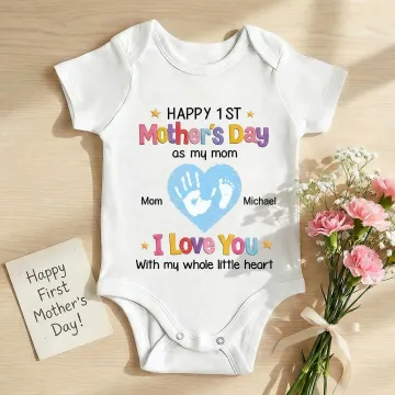 Discover Personalised Happy 1st Mother's Day 100% Cotton Baby Bodysuit with Names Baby Shower Mother's Day Gift for Newborns