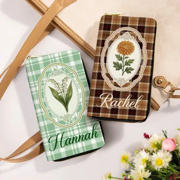Discover Personalised Exquisite Vintage Plaid Birth Flower Multi-Compartment PU Leather Wallet with Name  Mother's Day Birthday Gift for Mom Grandmother