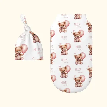 Discover Personalised Balloon Bear 100% Cotton Soft Swaddle Set with Name Baby Shower Photo Prop Gift for New Born