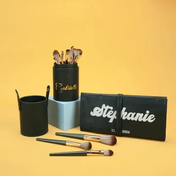 Discover Personalised Leather Name Makeup Brush Pouch Barrel with 14 Pcs Makeup Brushes Birthday Gift for Women
