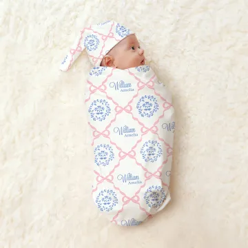 Discover Personalised Pink Bows Floral Swaddle Blanket Hat Headband Set with Text Soft Baby Girl Shower Photography Gift for Baby Newborn