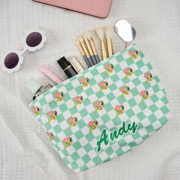 Discover Personalised Cartoon Cute Marsupilami Corduroy Checkerboard Makeup Bag with Name Travel Birthday Gift for Women | Callie × Marsupilami®