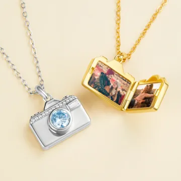 Discover Personalised Camera Birthstone Dual Photo Locket Necklace Dainty Jewellery Birthday Anniversary Gift for Mom Woman