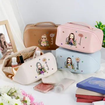 Discover Personalised Cartoon Reading Character Birth Flower Wide Opening PU Leather Makeup Bag with Name Travel Essentials Daily Use Birthday Gift for Women