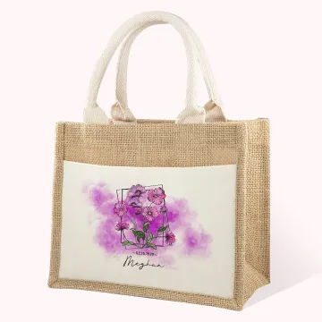 Discover Personalised Jute Burlap Storage Watercolour Birth Flower Tote Bag with Name