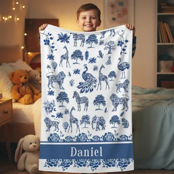 Discover Personalised Toile De Jouy Zebra Giraffe Wild Animals Soft Throw Blanket with Name Home Decor Birthday Christmas Gift for Kid Family