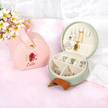 Discover Personalised Floral Birthstone PU Leather Hand-held Jewellery Box with Name Portable Travel Essentials Birthday Mother's Day Gift for Women Girls