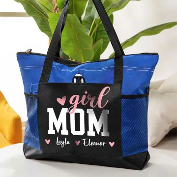 Discover Personalised Girl Boy Mama Love Pattern Large Tote Bag with Names and Mesh Pockets Mother's Day Birthday Gift for Mother Grandma