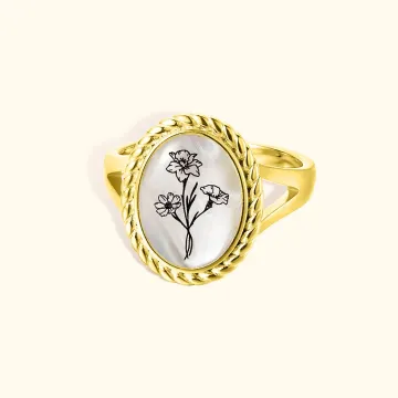 Discover Personalised 1-4 Birth Flower Bouquet Engraved Ring Mother of Pearl Jewellery Mother's Day Birthday Gift for Women