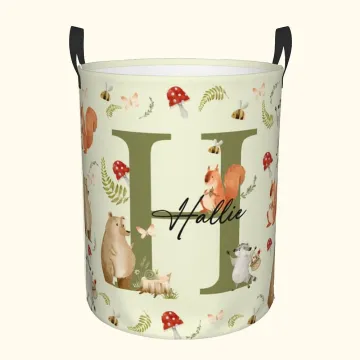 Discover Personalised Cute Raccoon Bear Woodland Animal Initial Waterproof Laundry Storage Basket with Name and Handle Birthday Baby Shower Gift for Kids