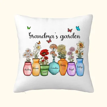 Discover Personalised Mother's Grandma's Garden 1-10 Birth Flower Vase Throw Pillow Cover with Name Butterfly Home Decor Birthday Holiday Gift for Family