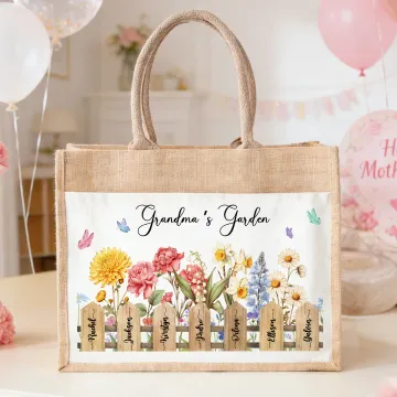 Discover Personalised Watercolor Birth Flower Large Jute Tote Bag with 1-7 Names and Front Pocket Daily Use Mother's Day Gift for Mom Grandma