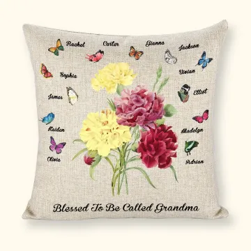 Discover Personalised Birth Butterfly Carnation Bouquet Linen Pillow Cover with Name Mother's Day Birthday Gift for Mom Grandma