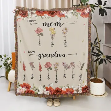 Discover Personalised First Mom Now Grandma Birth Flower Tassel Soft Throw Blanket with Names and Title Mother's Day Birthday Gift for Mom Grandma Family