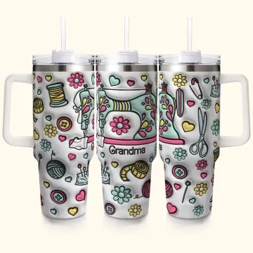 Discover Personalised 3D Floral Sewing Design 40oz Name Tumbler with Lid Straw and Handle Birthday Mother's Day Gift for Grandma Sewing Lover