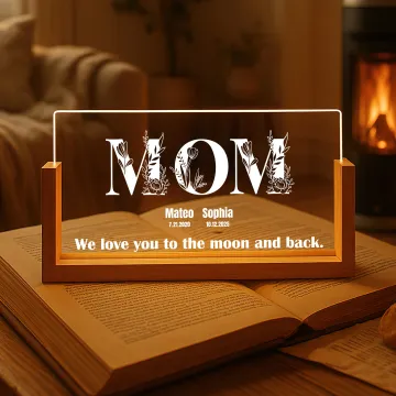 Discover Personalised Floral Title Acrylic LED Night Light with 1-8 Names Dates Text and Wooden Base Home Decor Christmas Gift for Family