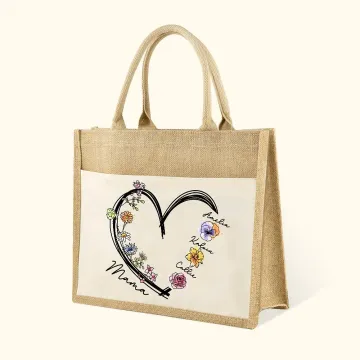 Discover Personalised Heart 1-6 Birth Flower Reusable Jute Tote Bag with Names Christmas Birthday Gift for Grandma Mom