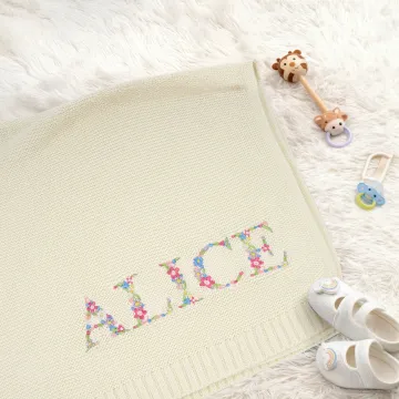 Discover Personalised Colourful Floral Soft Cotton Knit Baby Blanket with Embroidered Name Birthday Baby Shower Gift for Newborns New Parents