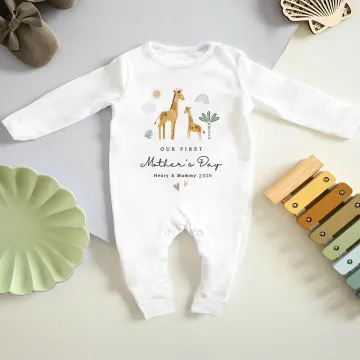 Discover Personalised Cute Giraffe Rainbow 100% Cotton Baby Romper with Name and Year First Mother's Day Baby Shower Gift for Newborn