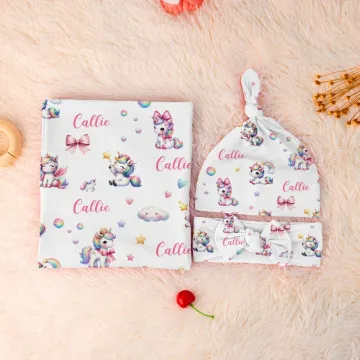 Discover Personalised Rainbow Fantasy Unicorn Unisex Baby Receiving Blanket Swaddle Hat Bow Headband Coming Home Outfit with Name Baby Shower Gift for Newborns