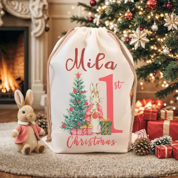 Discover Personalised First Christmas Santa Claus Peter Rabbit Drawstring Canvas Gift Bag with Name Christmas Gift for Baby Family
