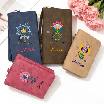 Discover Personalised Folk Art Flower Portable PU Leather Wristlet Wallet with Card Holder and Name Mother's Day Birthday Gift for Women