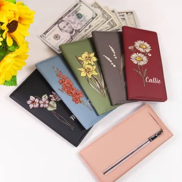 Discover Personalised Birth Flower PU Leather Wallet with Name and RFID Blocking Credit Card Holder Birthday Mother's Day Gift for Women