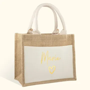 Discover Personalised Mirror Name Love Heart Jute Tote Bag with Pocket Reusable Beach Travel Accessory Bridal Party Mother's Day Gift for Her