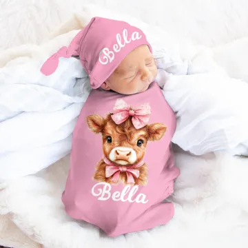 Discover Personalised Blue Pink Highland Cow Swaddle and Knot Hat Set with Name Baby Shower Birthday Gift for Newborns Babies