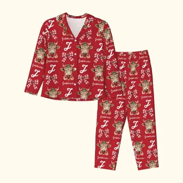 Discover Personalised Plaid Bow Wreath Highland Cow Soft Long-Sleeve Shirt Pants Pyjama Set with Name and Initial Christmas Gift for Women