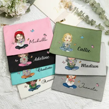 Discover Personalised Multicolour Cartoon Character Birth Flower Bouquet Canvas Makeup Bag with Name Travel Accessories Birthday Gift for Women Girls