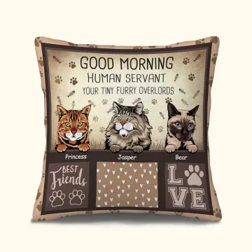 Discover Personalised Good Morning Human Servant Your Tiny Furry Overlords Throw Pillow Cover for Cat Lovers Sofa Couch Bed Decor