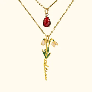 Discover Personalised Double Layered Birth Flower Necklace with Birthstone for Birthday Mother's Day Gift