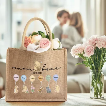 Discover Personalized Classic Winnie the Pooh Honey Balloon Large Jute Tote Bag with 1-12 Names Mother's Day Birthday Gift for Mom Grandma
