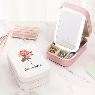 Discover Personalised Birth Flower Portable Leather Travel Jewellery Box with Name and LED Three-color Adjustable Makeup Mirror Birthday Gift for Women