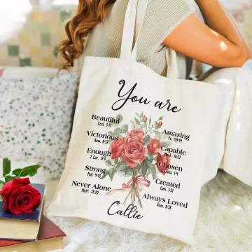 Discover Personalised Birth Flower Bouquet Bible Verse Canvas Tote Bag with Name Inspirational Christmas Birthday Christian Gift for Women
