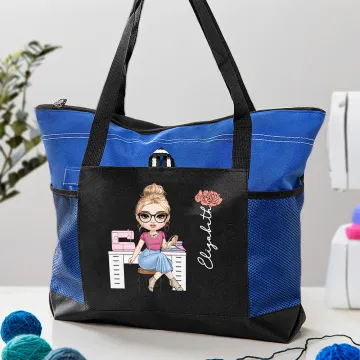 Discover Personalised Birth Flower Cartoon Crafter Character Oxford Tote Bag with Name and Mesh Pockets Birthday Anniversary Gift for Mothers Sewing Lovers