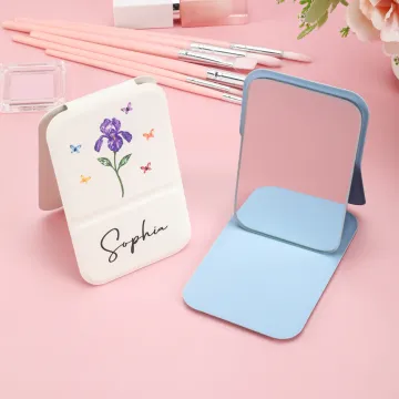Discover Personalised Crystal Birth Flower Butterfly PU Leather Makeup Mirror with Name Foldable Travel Essential Birthday Anniversary Gift for Women