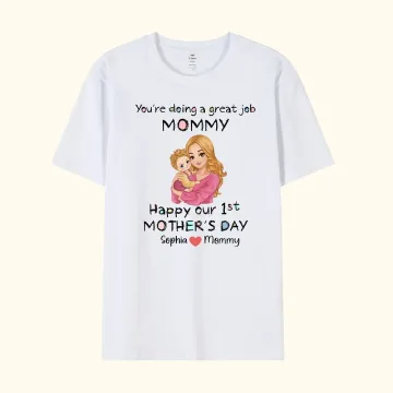 Discover Personalised Cute Crayon Style 100% Cotton T-shirt with Name Date First Mother's Day Birthday Gift for New Mommy Newborn