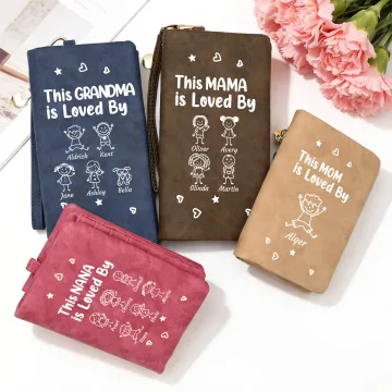 Discover Personalised Cute Cartoon Kid Line Drawing PU Leather Wristlet Wallet with Title and Name Mother's Day Birthday Gift for Mom Grandma