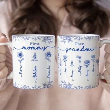 Discover Personalised Toile De Jouy Birth Flower Ceramic Coffee Mug with Nicknames and Names Christmas Thanksgiving Day Birthday Gift for Women