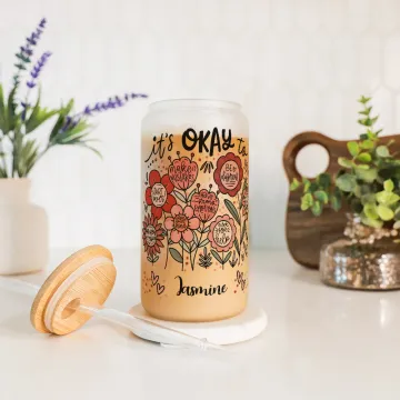 Discover Personalised Floral Inspirational Word Name Frosted 20 oz Glass Cup with Lid and Straw Mother's Day Birthday Incentive Gift for Friend Family