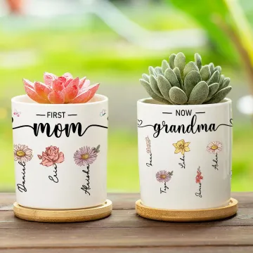 Discover Personalised First Mom Now Grandma Birth Flower Ceramic Succulent Planter Pot with Names and Bamboo Base Mother's Day Gift for Mom Grandma