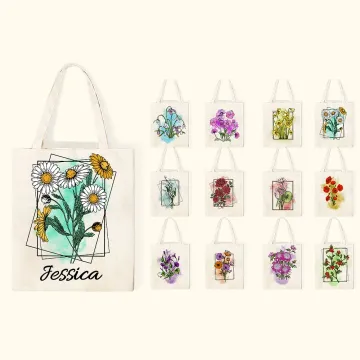 Discover Personalised Watercolour Birth Flower Bouquet Canvas Tote Bag with Name Mother's Day Birthday Gift for Women