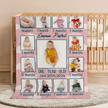 Discover Personalised 1-12 Month Baby Photos Soft Throw Blanket with Name and Date Room Decor Birthday Gift for Baby