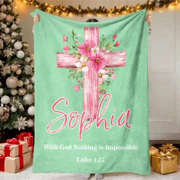 Discover Personalised Watercolour Floral Cross Soft Throw Blanket with Name and Text Christmas Birthday Baptism Gift for Christian Friend