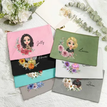 Discover Personalised Multicolour Birth Flower Cartoon Character with Name Makeup Bag Travel Essentials Gift for Women Girls