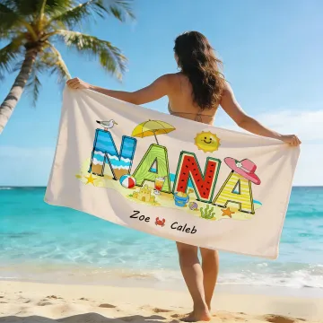 Discover Personalised Multicolor Seaside Vacation Style Quick Dry Soft Oversized Beach Towel with 1-12 Names Beach Party Birthday Gift for Family