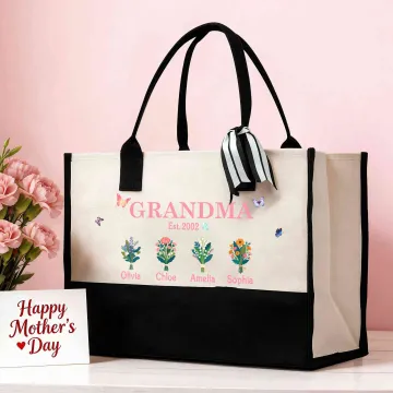 Discover Personalised 1-8 Birth Flowers Butterfly Large Tote Bag with Names and Year Travel Accessories Mother's Day Birthday Gift for Mom Grandma