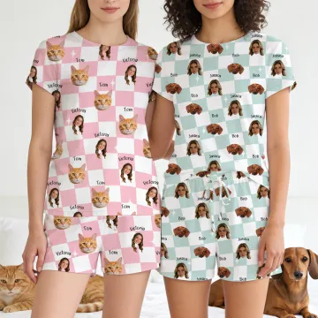 Discover Personalised Star 1-4 Face Photos Checkerboard Pattern Pyjama Set with Name Daily Wear Birthday Gift for Grandma Mom Woman Pet Lover
